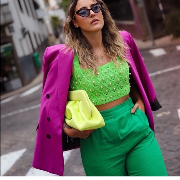 ZARA Green Cropped Knit Sweater Pearl Embellished Preppy Y2K Clueless Medium - Picture 7 of 10